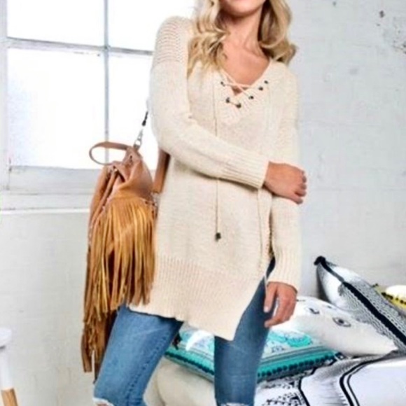 Destiny lace up winter white tunic sweater - Picture 1 of 11